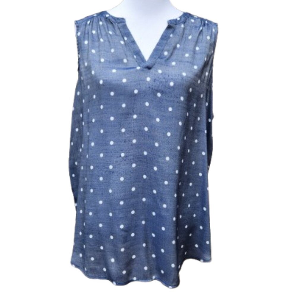 Fred David Plus Blue Polka-Dot Blouse Sleeveless V-Neck Sheen Hi-Lo